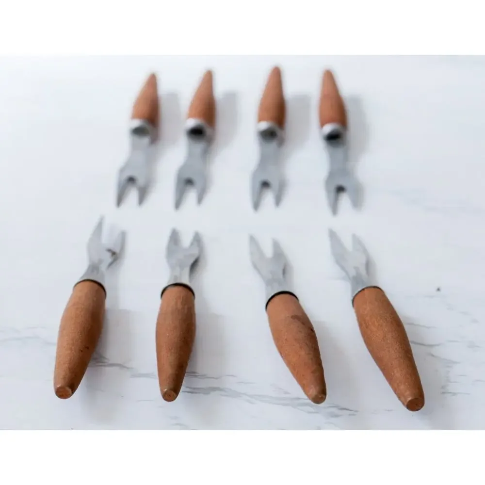 VTG Wood Cocktail Appetizer Fork Set of 8 Japan Midcentury Retro Tiki Party Bar
